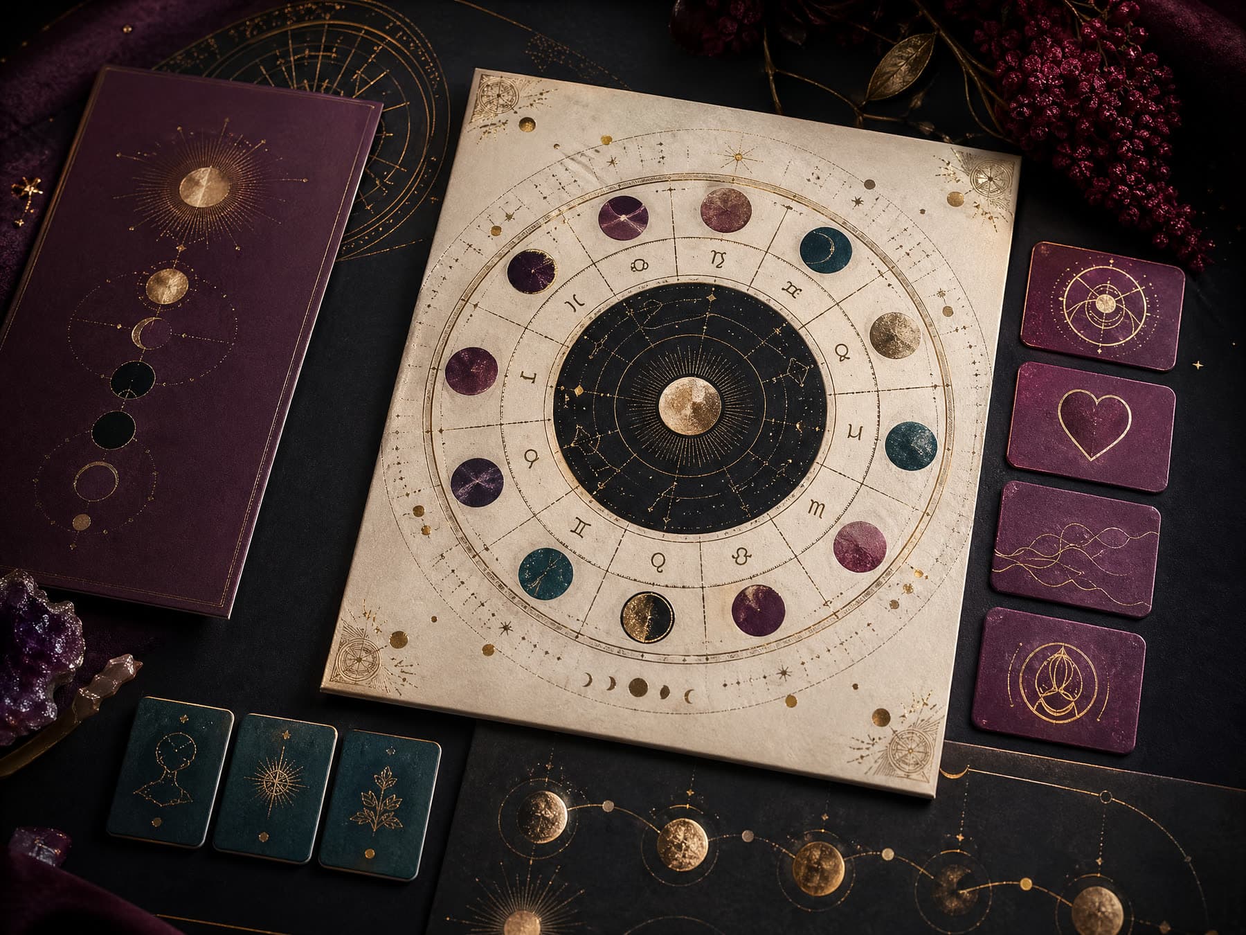 High-contrast Birth Chart Explained artwork with a personal chart wheel and self-knowledge cards