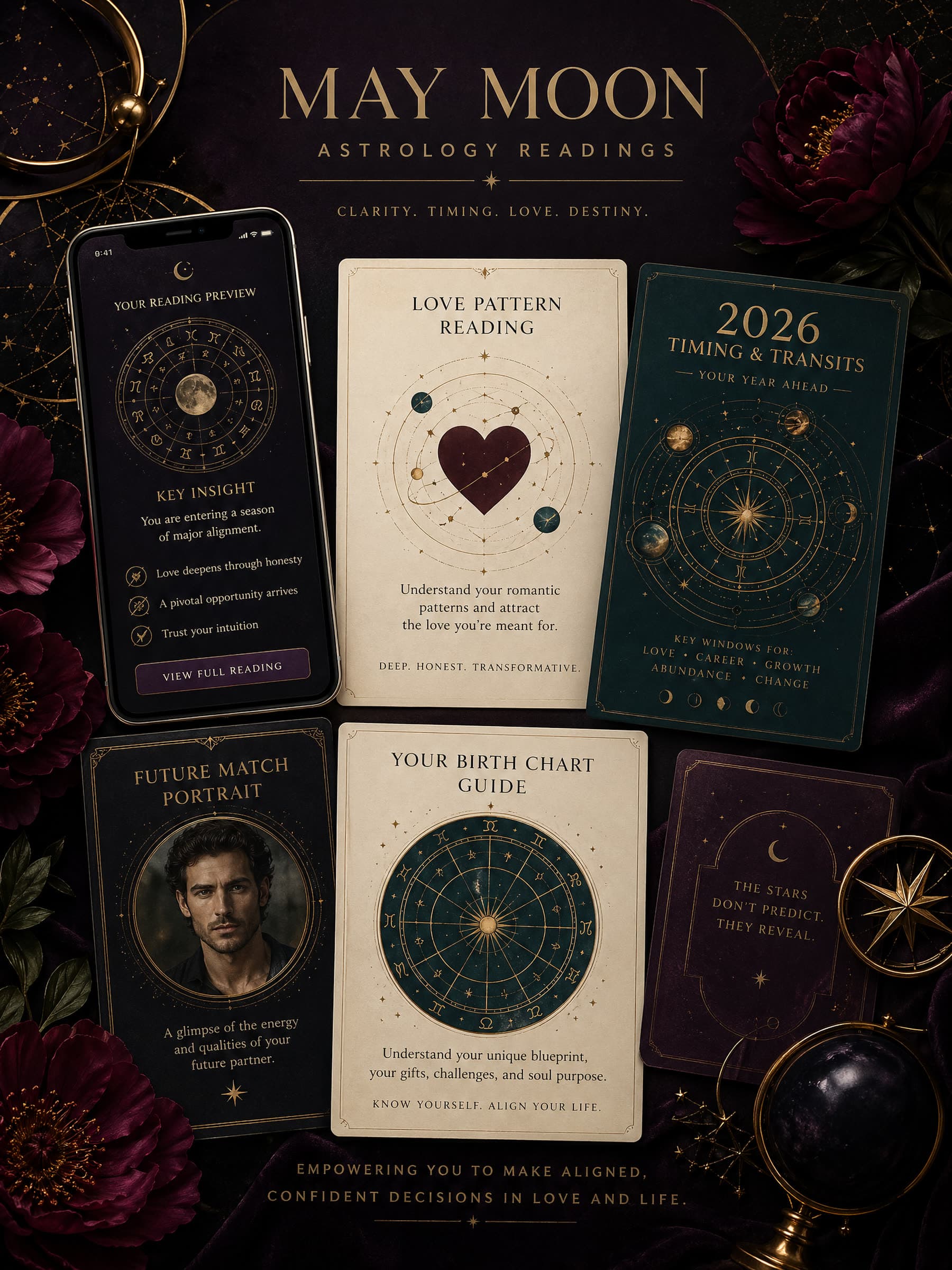 High-contrast May Moon storefront artwork showing love, timing, chart, portrait, and dating reading products