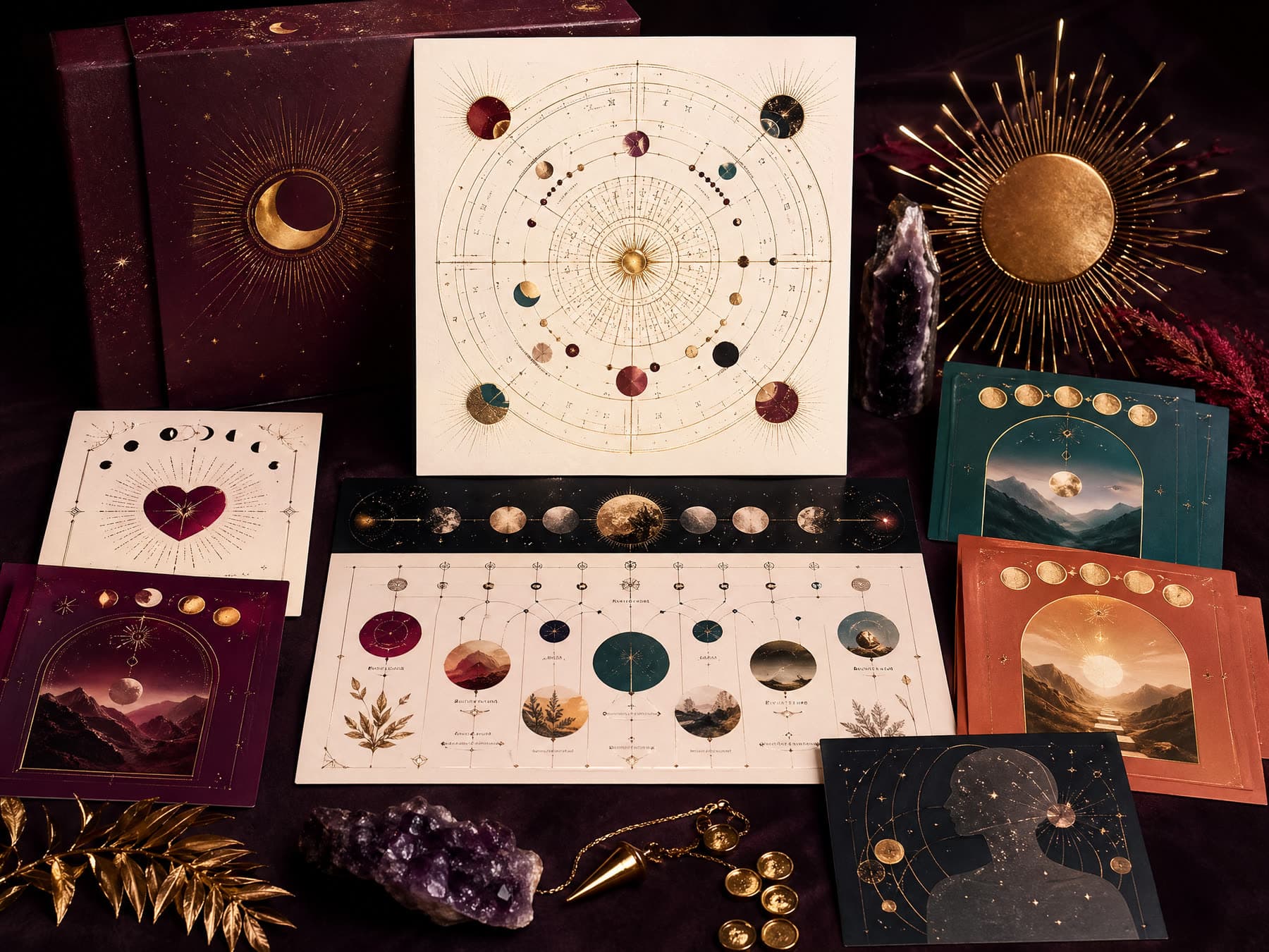 High-contrast Ultimate Cosmic Bundle artwork showing chart, love, timing, and personal guide cards